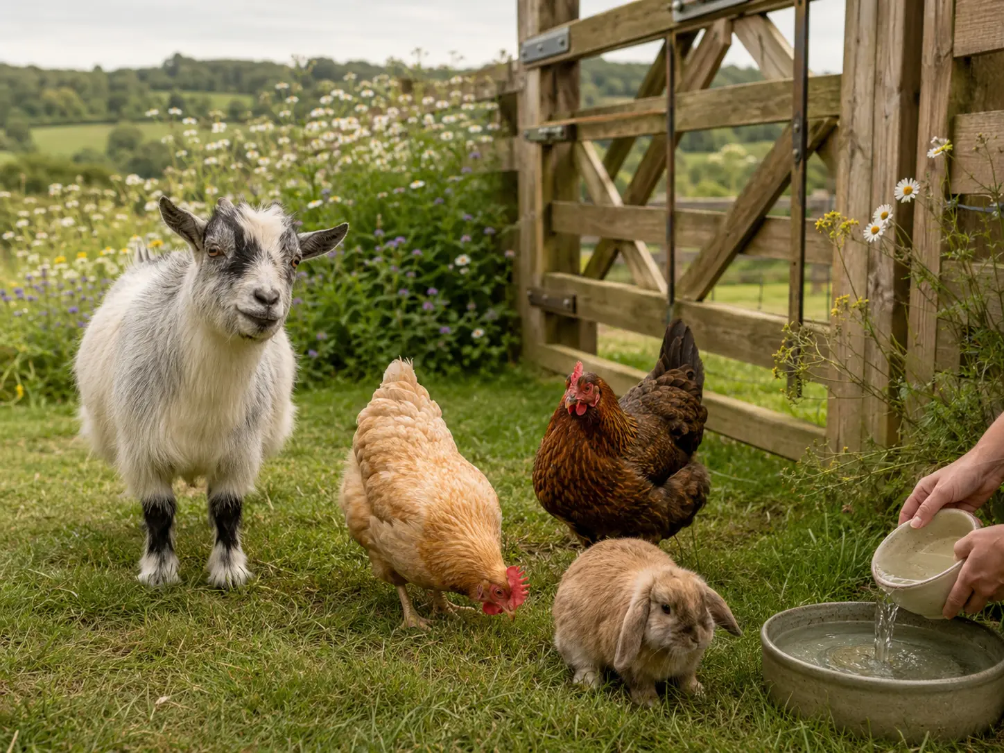 A goat, chickens and rabbit receiving dependable smallholding care